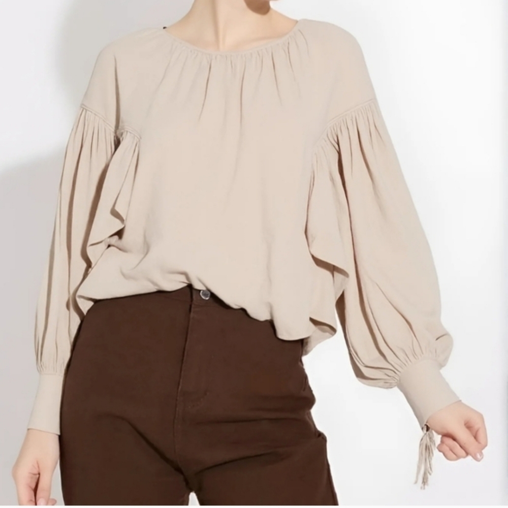 FREE PEOPLE Beige Women's Blouse with Balloon Sleeves